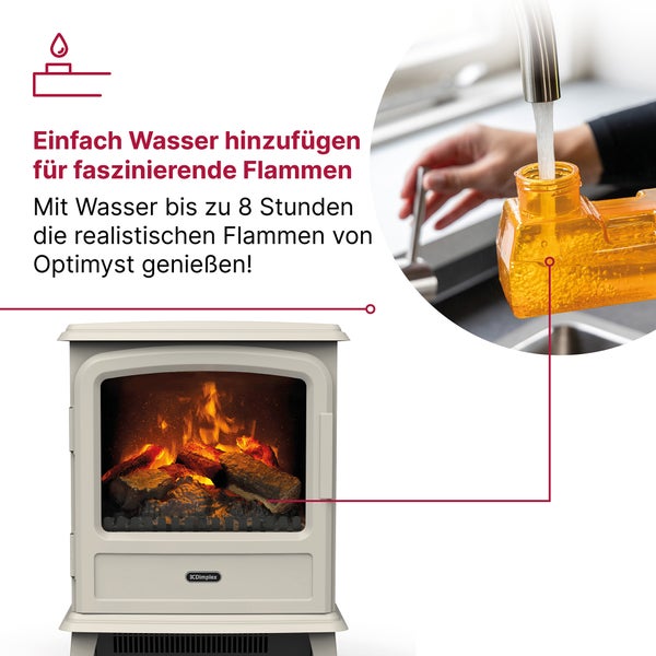 Elektrischer Kamin von Dimplex mit Optimyst Flammen-Effekt und Befüllen des Wassertanks unter einem Wasserhahn für bis zu acht Stunden Betrieb.
