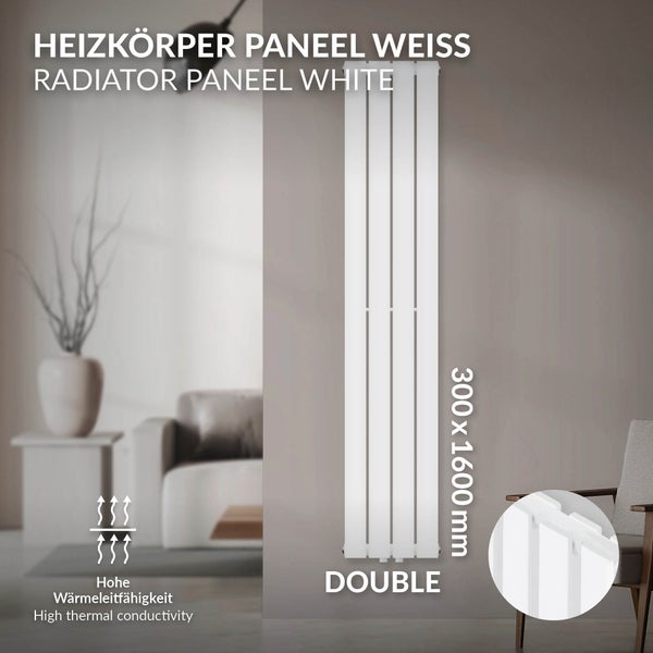 LuxeBath Paneelheizkörper Doppellagig 1600x300 mm Weiß, Design Badheizkörper Mittelanschluss, Bad/Wohnraum Heizung, Designheizkörper Flach Heizkörper, Flachheizkörper Vertikal Röhren, mit Montage-Set