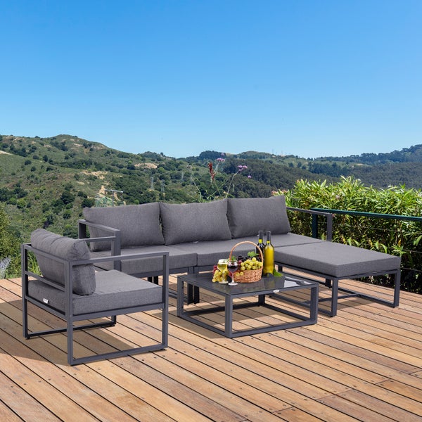 Outsunny 6-tlg. Gartenset Gartengarnitur Gartensofaset Sitzgruppe Gartenmöbel Aluminium + Polyester + Hartglas Grau mit Kissen für 4–5 Personen