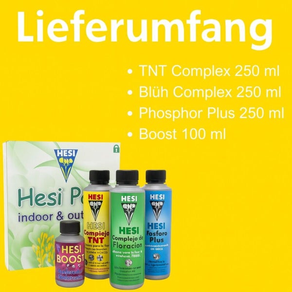 Hesi Dünger Set bestehend aus TNT Complex 250 Milliliter, Blüh Complex 250 Milliliter, Phosphor Plus 250 Milliliter und Boost 100 Milliliter.