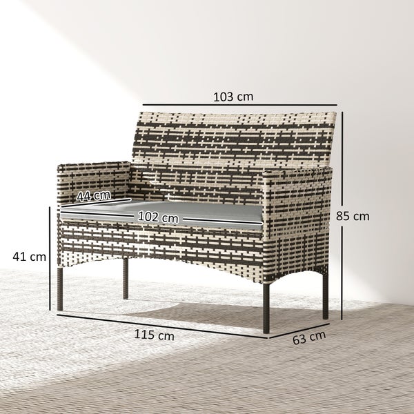 Gartenbank aus Polyrattan Geflecht mit Sitzkissen und Maßen: Breite 115 Zentimeter, Tiefe 63 Zentimeter, Höhe 85 Zentimeter.