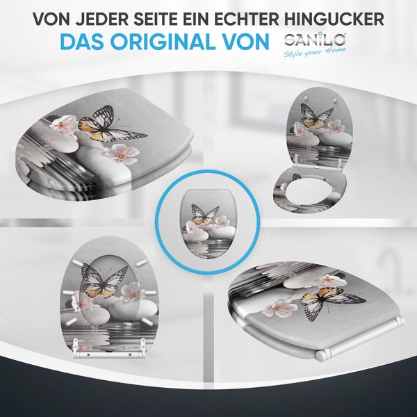 Toilettendeckel mit Schmetterlings-, Stein- und Blumendesign aus verschiedenen Perspektiven. Sanilo Logo.