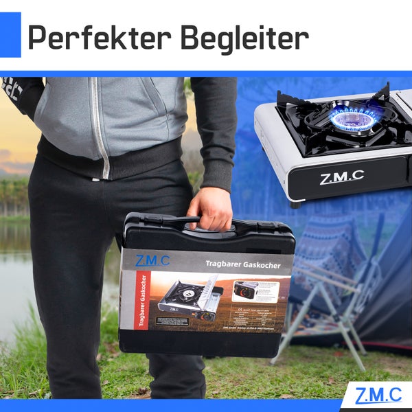 Z.M.C Edelstahl Gaskocher 1-flammig + Aufbewahrungskoffer + 4x Gaskartuschen 227g, Campingkocher für Outdoor und Innenraum, Campinggaskocher 2,2 kW, Balkon Tischgrill mit Piezozündung