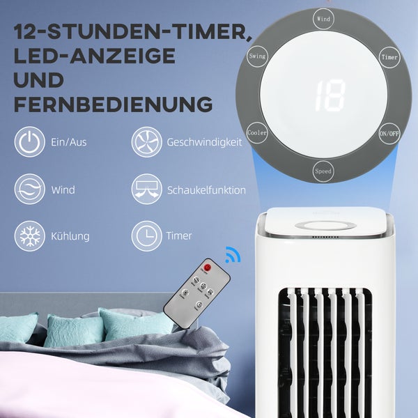 Moderner Luftkühler im hellen Schlafzimmer. Mit LED-Anzeige, Fernbedienung, 12-Stunden-Timer, Wind-, Kühl- und Schwenkfunktion.