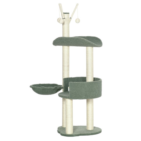 PawHut Kratzbaum 123H cm Katzenbaum Kletterbaum Katzenkratzbaum mit Liegekorb, Spielball, Sisalsäule für Katzen bis 5 kg Plüsch Cremeweiß+Grün