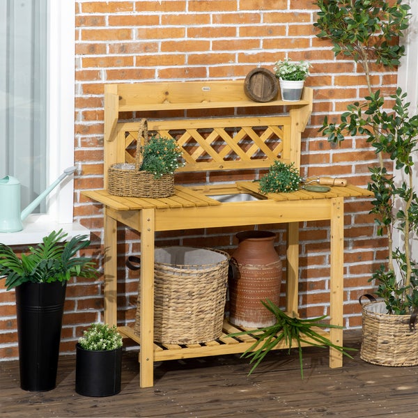 Outsunny Pflanztisch, Arbeitstisch mit ausziehbarer Tischplatte, 2 Ablagefächern, Gärtnertisch mit integriertem Edelstahl-Spülbecken, Blumentisch aus Massivholz, 92 x 45 x 120 cm, Braun