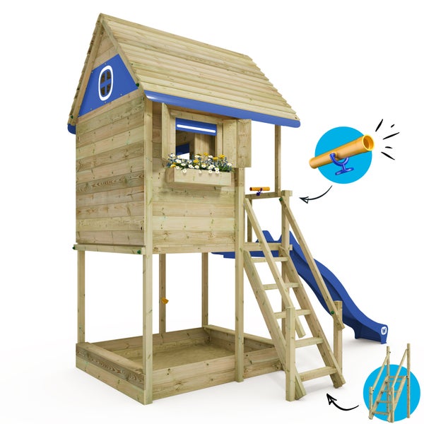 WICKEY Stelzenhaus Smart ClubHouse mit integriertem Sandkasten, Rutsche und großem Spielhaus mit massiver Treppe mit Handlauf, Fenstern, Rollos und Blumenkasten -  blau