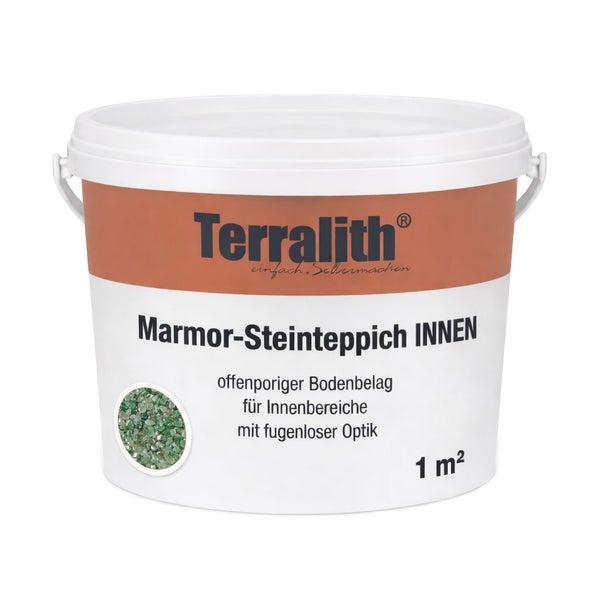 Terralith Marmor-Steinteppich für Innenbereiche, offenporiger Bodenbelag für 1 Quadratmeter mit grünem Marmorkies.