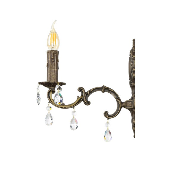 Wandleuchte im antiken Stil mit Kristallen und einer Glühbirne in Kerzenform