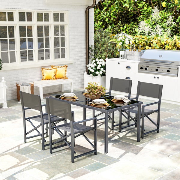 Outsunny Sitzgruppe 5-teilig Essgruppe Stahl für 4 Personen Esstisch mit 4 klappbar Stühlen Esszimmergruppe mit Glastisch Küchentisch-Set Balkonmöbel Gartenmöbel für Terrasse, Balkon Grau