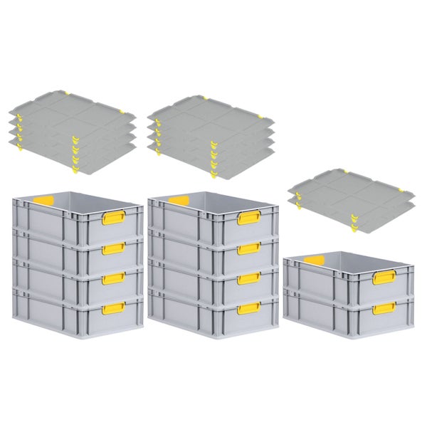 PROREGAL Spar Set 10x Eurobox Nextgen Color Mit Auflagedeckel & Schiebeschnappverschlüsse HxBxT 17 x 40 x 60 cm Griffe Gelb Geschlossen Glatter Boden
