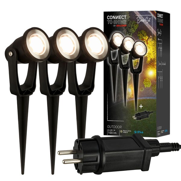 Dreiteiliges schwarzes LED Gartenstrahler Set mit Erdspießen für warmweißes Licht inklusive Stecker und Verpackung.