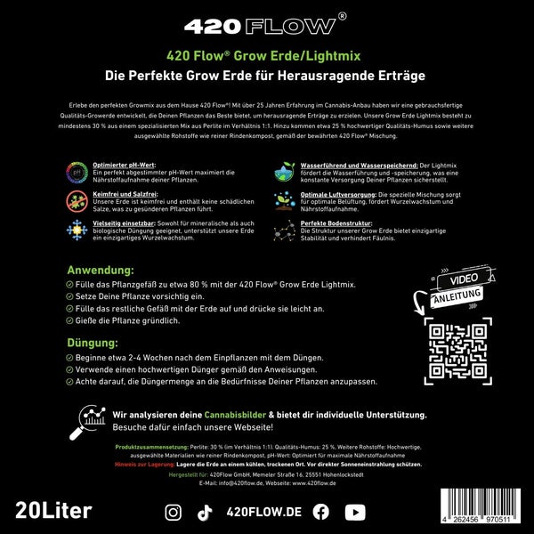 Infografik zu 420 Flow Grow Erde Lightmix mit Anwendungsanleitung, Düngungshinweisen, Inhaltsstoffen und QR Code für ein Anleitungsvideo.