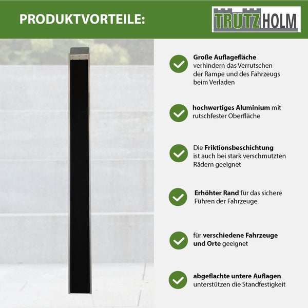 Trutzholm Auffahrrampe aus Aluminium mit rutschfester Beschichtung und Sicherheitsrand zur Verladung von Fahrzeugen.