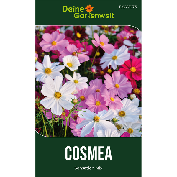 Samenpackung Cosmea Sensation Mix mit weißen und rosa Blüten und Deine Gartenwelt Logo.