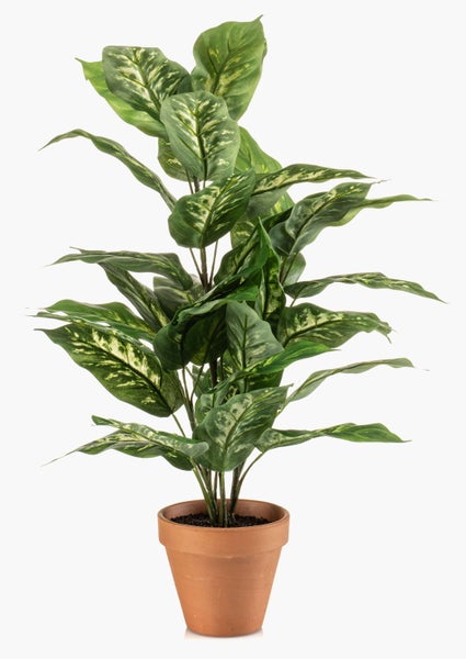 Künstliche Dieffenbachia im Terrakottatopf mit großflächigen, gemusterten Blättern.