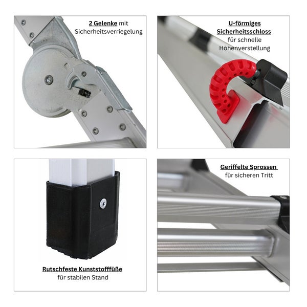 PROREGAL Alu 3-in-1 Mehrzweckleiter APOLLO 4 meter 4x4 Sprossen Traglast 150kg Aluminium Silber