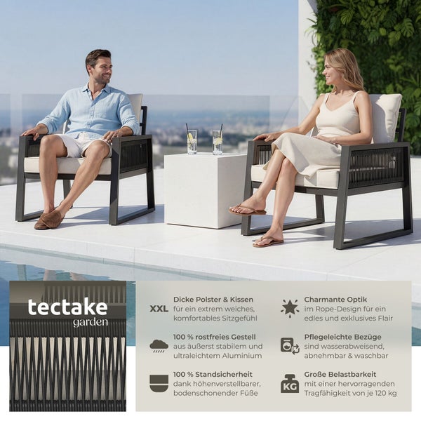 Tectake Garden Loungesessel mit Rope-Design, rostfreiem Aluminiumgestell und dicken Polstern auf einer hellen, geräumigen Terrasse am Pool.