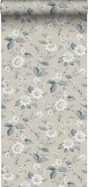 Borastapeter Tapete Blumen Graublau und Beige - 53 cm x 10.05 m - 660233