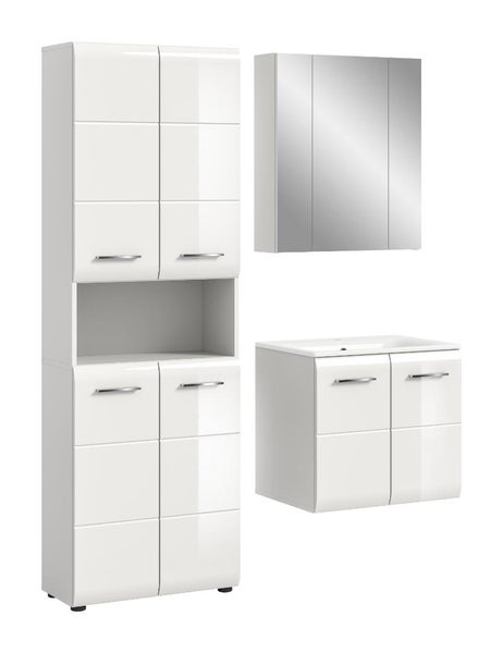 Mehrteiliges Badezimmermöbel-Set in Weiß Hochglanz bestehend aus Hochschrank, Waschbeckenunterschrank mit Waschbecken und Spiegelschrank.