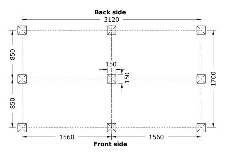 Fundamentplan mit neun Pfosten und Maßangaben in Millimetern. Gesamtbreite 3120 Millimeter, Gesamttiefe 1700 Millimeter.