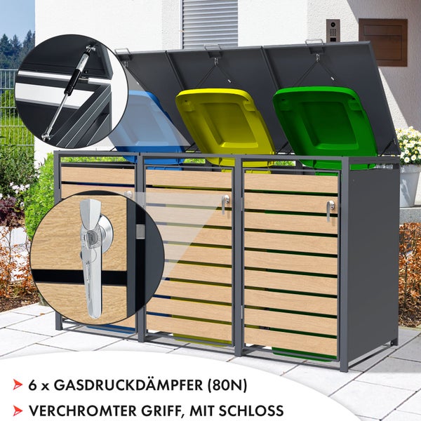 FLOORDIREKT Mülltonnenbox Johan Edelstahlrahmen und Holzdekor 198,5 x 80 x 116 cm - 3 Türen