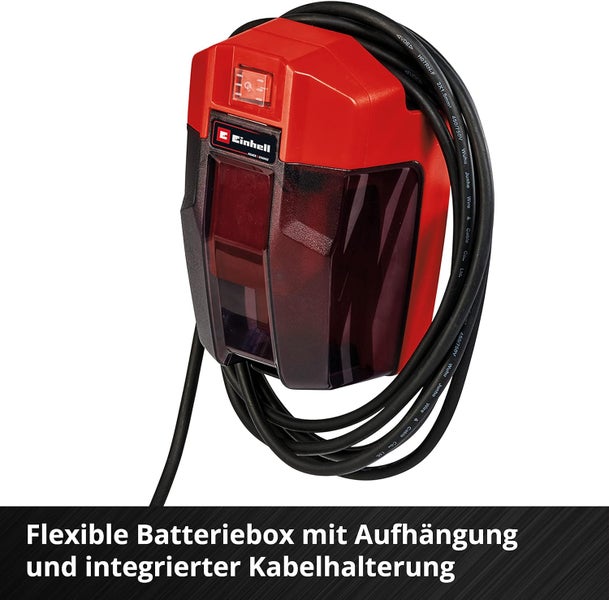 Einhell flexible Batteriebox mit Einhell Logo, Aufhängung und Kabelhalter, Kunststoffgehäuse in Rot und Schwarz mit gewickeltem Netzkabel.