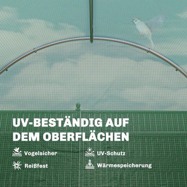 Nahaufnahme einer Gewächshausfolie mit UV-Schutz, Vogelschutz, hoher Reißfestigkeit und Wärmespeicherung.