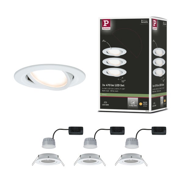 LED Einbauleuchte 3-Step-Dim Nova Coin Basisset schwenkbar rund 84mm 50° Coin 3x6W 3x470lm 230V dimmbar 2700K Weiß matt