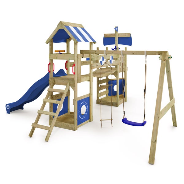 WICKEY Spielturm Klettergerüst StormFlyer mit Schaukel und Rutsche, Baumhaus mit Sandkasten, Kletterleiter und Spiel-Zubehör - blau
