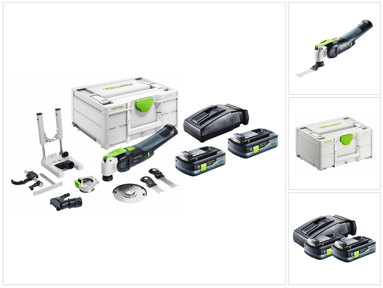 Festool VECTURO OSC 18 E-Basic Set Akku Oszillierer 18 V Starlock Max Brushless + 2x Akku 4,0 Ah + Ladegerät + 7 tlg. Zubehör Set + Systainer