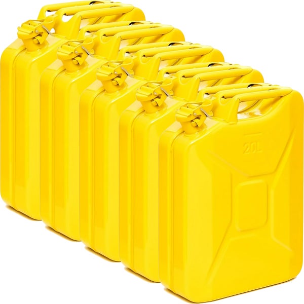 Sechs gelbe 20-Liter-Kraftstoffkanister aus Metall in einer Reihe