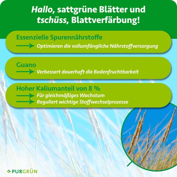 Pflanzendünger-Vorteile: Spurennährstoffe, Guano und 8 Prozent Kaliumanteil für Wachstum und Bodenfruchtbarkeit. Purgrün Logo.