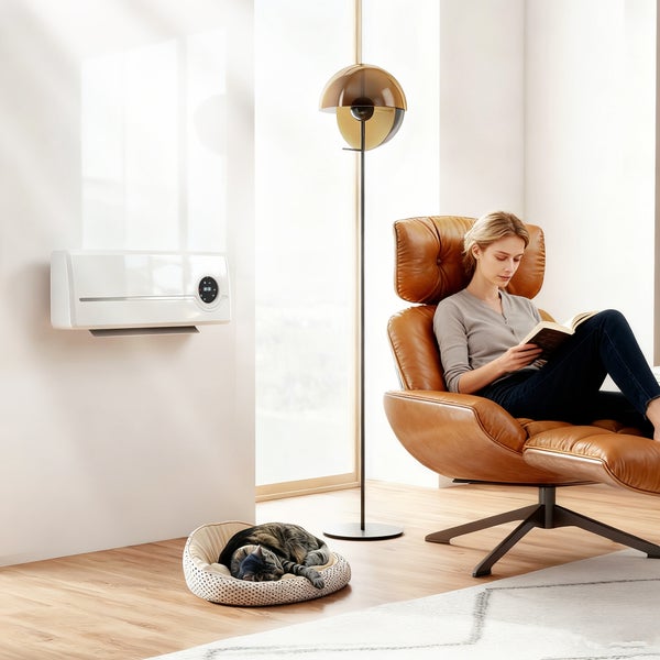 Heller Wohnraum mit an der Wand montierter Heizung, Dame im Sessel und Katze im Bett