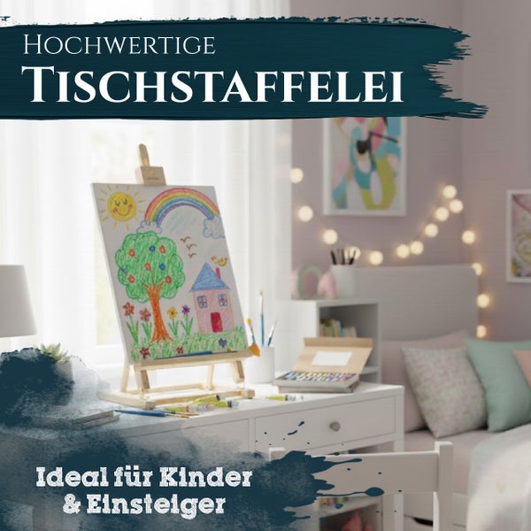 Tischstaffelei aus Holz auf einem Schreibtisch in einem Kinderzimmer mit einem bunten Kinderbild.