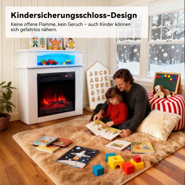 Wohnzimmer mit elektrischem Kamin, Mann, Kind und Spielsachen auf einem Teppich.