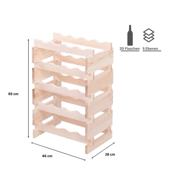 Weinregal VINOTECA FLEX PRO HxBxT 65x46x28cm 20 Flaschen auf 5 Ebenen Massives Kiefernholz Natur unbehandelt
