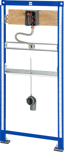 Vorwandelement für Dusche oder Badewanne mit blauem Metallrahmen, Holzplatte, flexiblem Anschlussschlauch und Unterputz-Anschlussbox.