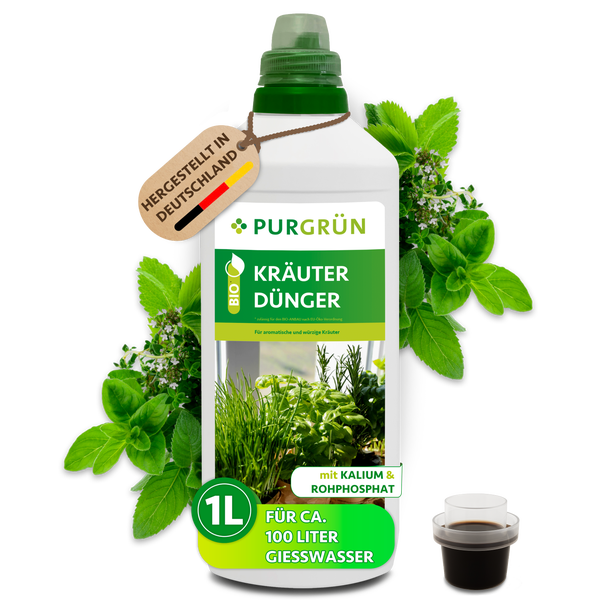 Infografik für kräftige Kräuter ohne Verfärbungen. Vorteile von Kalium, Phosphor und Stickstoff für Wachstum und Wurzeln. Purgrün Logo.