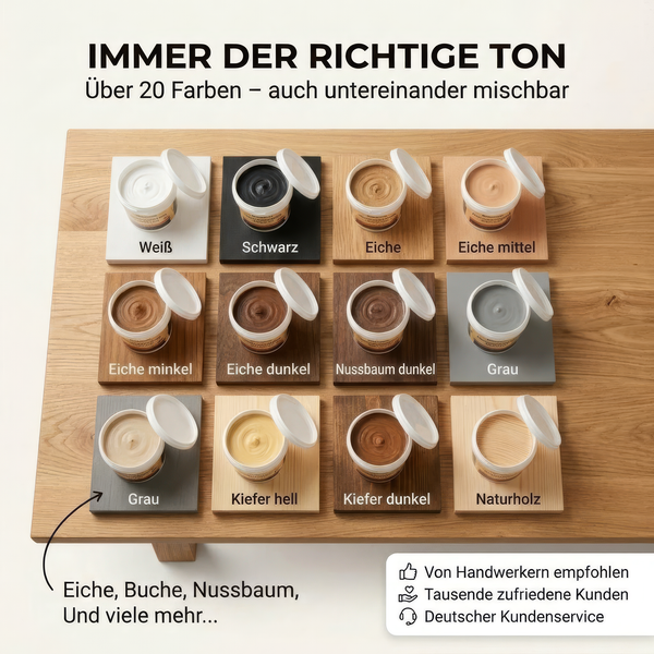 Übersicht verschiedener Holzspachtelmassen in unterschiedlichen Holztönen auf Holzmustern präsentiert.