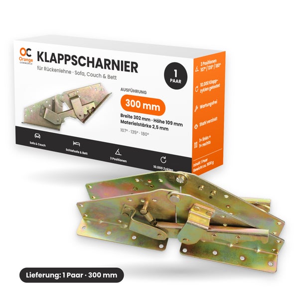 Ein Paar verzinkte Stahl Klappscharniere für Sofa Rückenlehnen mit 300 mm Länge und 3 einstellbaren Positionen in der Produktverpackung.