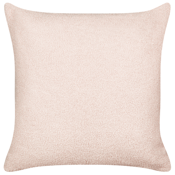 Quadratisches Dekokissen mit strukturierter Bouclé-Oberfläche in Rosa.