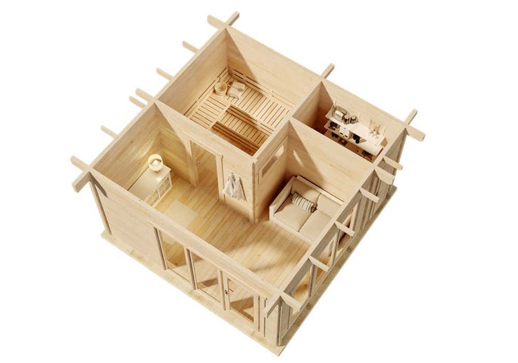 Isometrische Ansicht eines Gartenhauses aus hellem Holz mit Sauna, Wohnbereich und Einbauregalen.