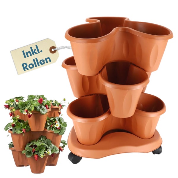 Dreistöckiger Erdbeerturm aus Kunststoff in Terrakotta inklusive Rollen zum Bepflanzen.