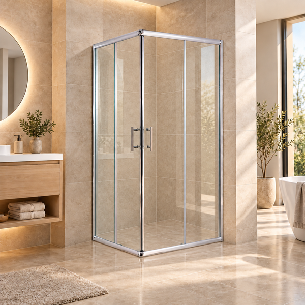 Quadratische Duschkabine mit Schiebetüren aus Glas und Metallprofilen in einem modern gestalteten Badezimmer