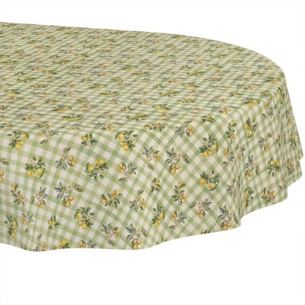 Ovale Tischdecke mit Karomuster und Zitronen-Motiv.