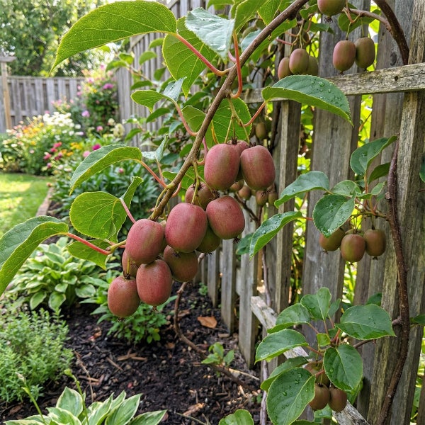 Mini-Kiwi Actinidia arguta an einer Kletterpflanze mit grünen Blättern vor einem hölzernen Gartenzaun.