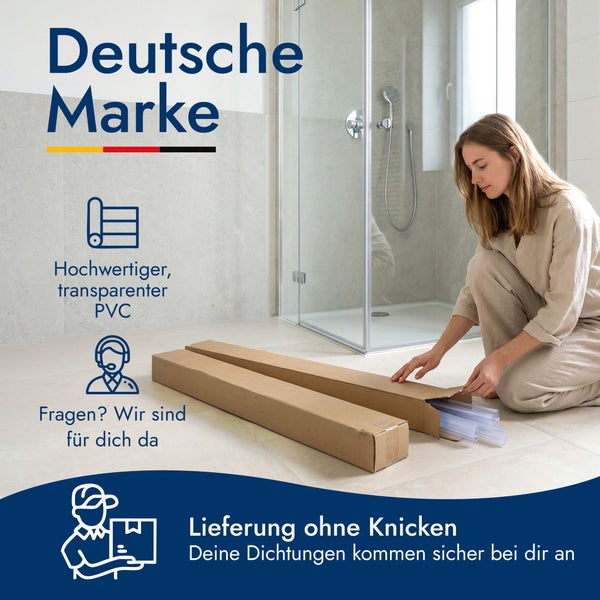 Eine Frau öffnet in einem hellen Badezimmer ein Paket mit transparenten Duschdichtungen aus PVC neben einer Glasduschkabine.