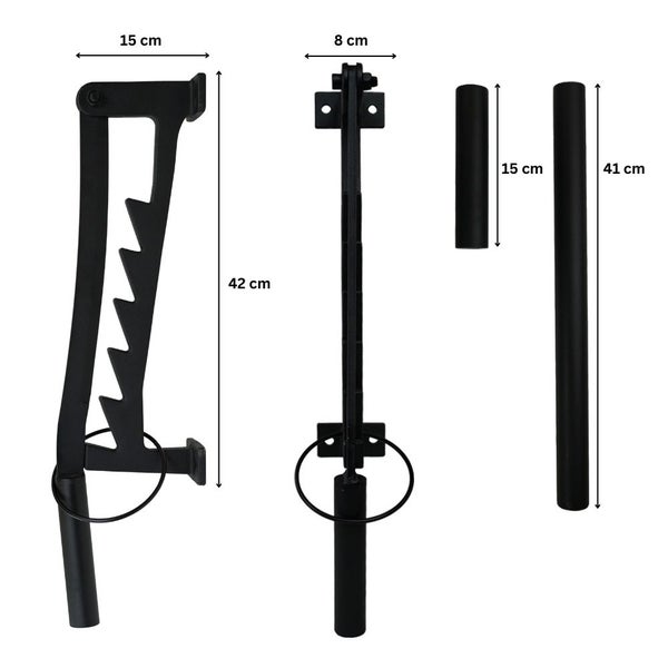 Abbildung der Bauteile eines Heckstativs mit Maßangaben.