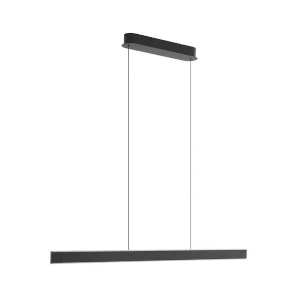 Lineare LED Pendelleuchte in Schwarz, minimalistisches Design mit rechteckigem Deckenbaldachin.